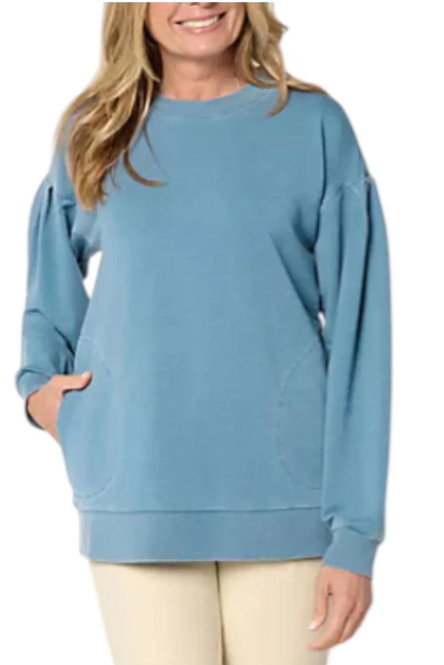 LOGO by Lori Goldstein Women's French Terry Pleat Sweatshirt Blue - Regular